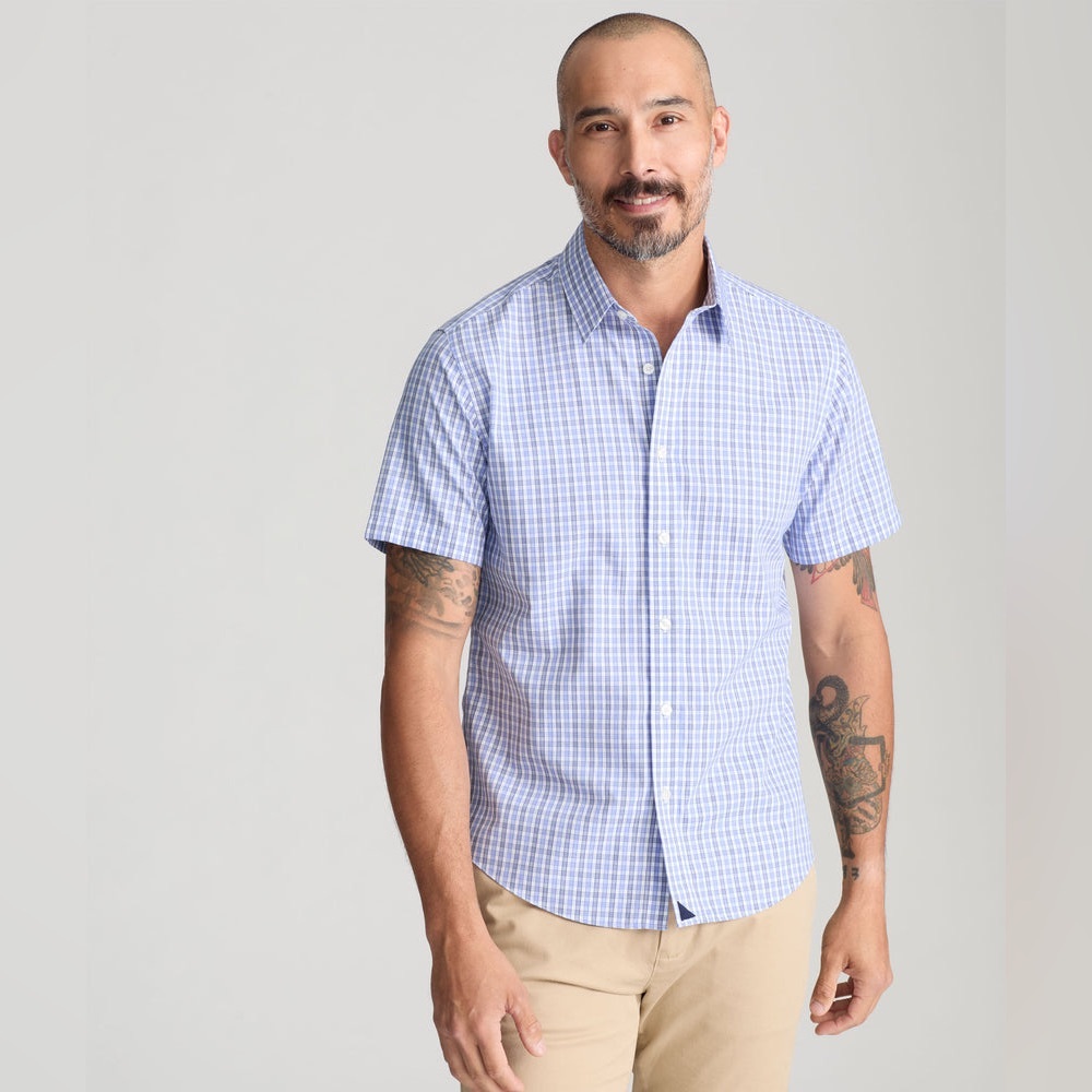 UNTUCKit Men’s Wrinkle-Free Short-Sleeve Dante Shirt Blue/White Check Medium